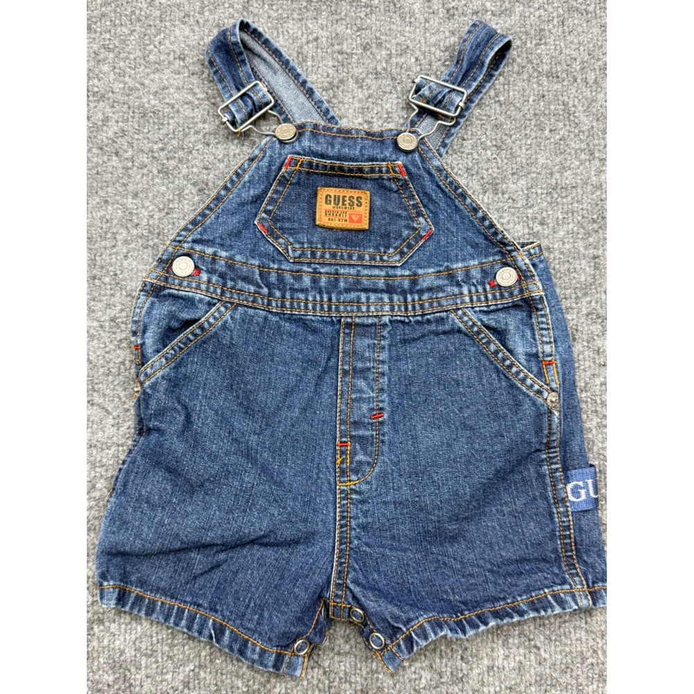 Guess Workwear Kids Blue Denim Shortalls Vintage Style Overalls Logo Patch